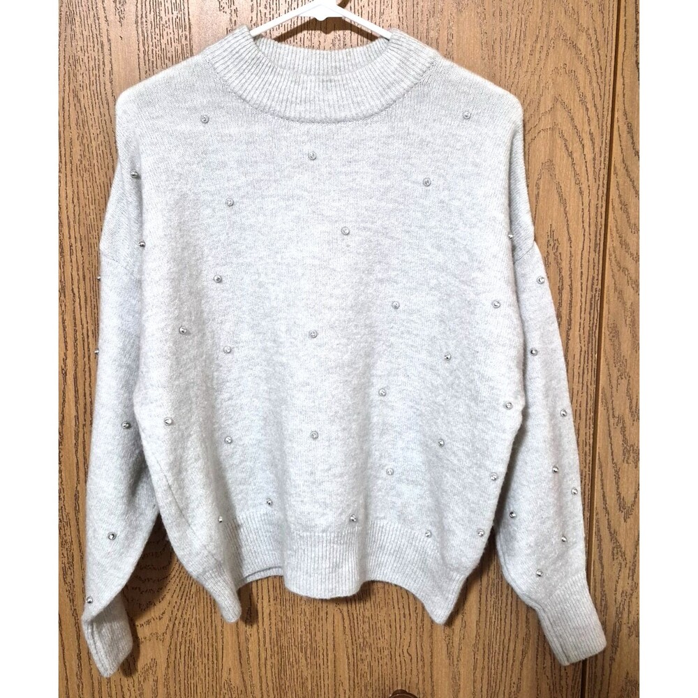 H&M Women's Long Sleeve Oatmeal Knit Sweater With Silver Gems Accents Size Small
